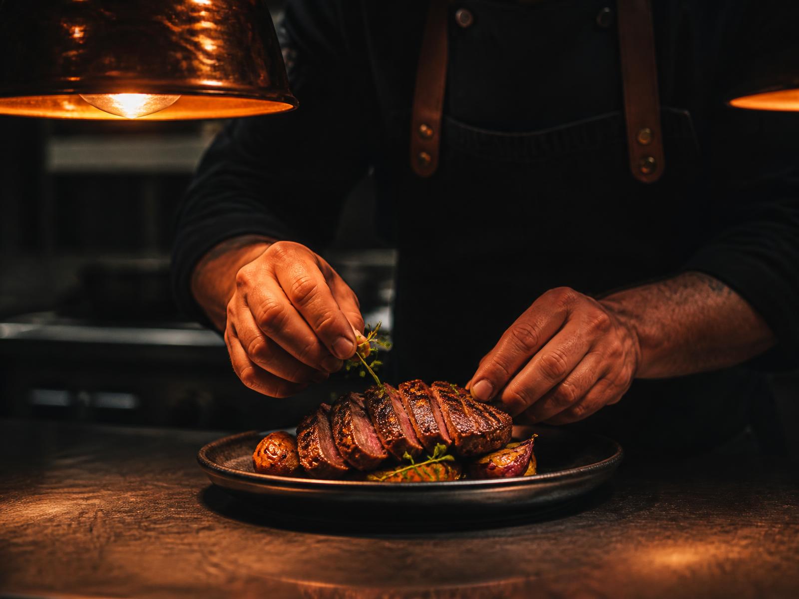 Cocinero emplatando un corte de carne bajo las luces del pase